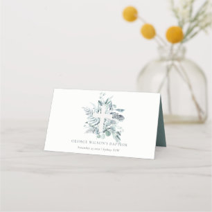 Dusky Blue Eucalyptus Fern Foliage Cross Baptisse Platzkarte