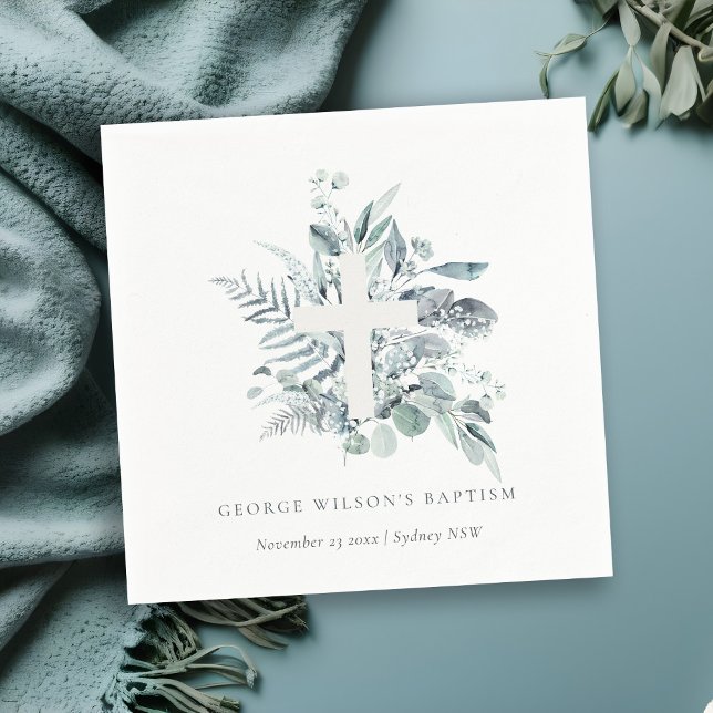 Dusky Blue Eucalyptus Fern Foliage Cross Baptisse Serviette (Von Creator hochgeladen)
