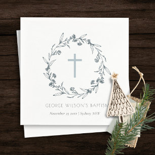 Dusky Blue Floral Laurel Wreath Monogram Taufe Serviette