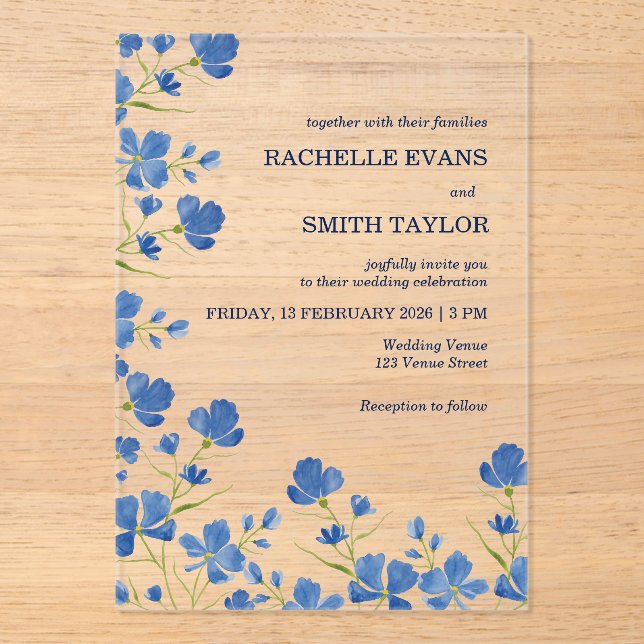 Dusky Blue Flower Wedding Invite Acryleinladungen (Vorderseite)