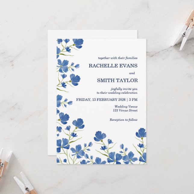 Dusky Blue Flower Wedding Invite Einladung (Vorderseite/Rückseite Beispiel)