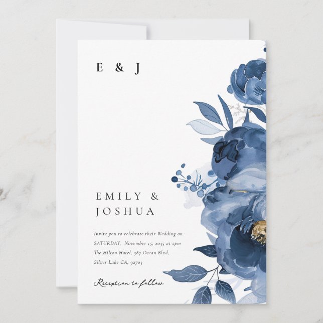Dusky Blue Gold Floral All in one Wedding Einladung (Vorderseite)