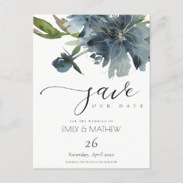 DUSKY BLUE GOLD FLORAL WATERCOLOR SAVE THE DATE ANKÜNDIGUNGSPOSTKARTE
