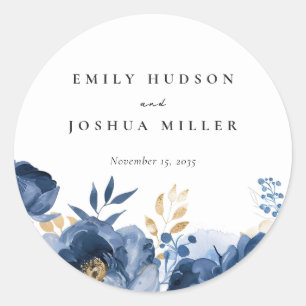 Dusky Blue Gold Floral Wedding Runder Aufkleber