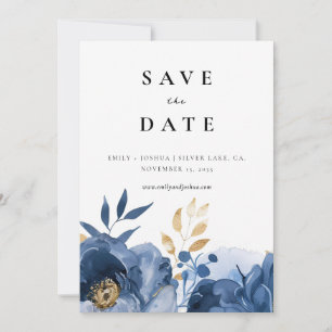 Dusky Blue Gold Floral Wedding Save The Date