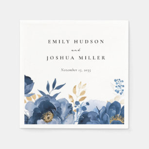 Dusky Blue Gold Floral Wedding Serviette