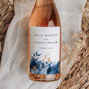 Dusky Blue Gold Floral Wedding Weinetikett