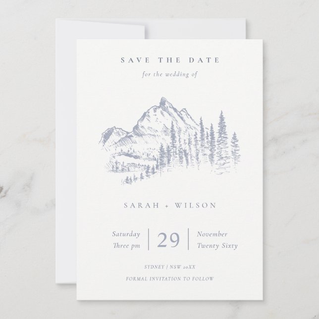 Dusky Blue Gray Kraft Rustikale Pine Mountain Sket Save The Date (Vorderseite)