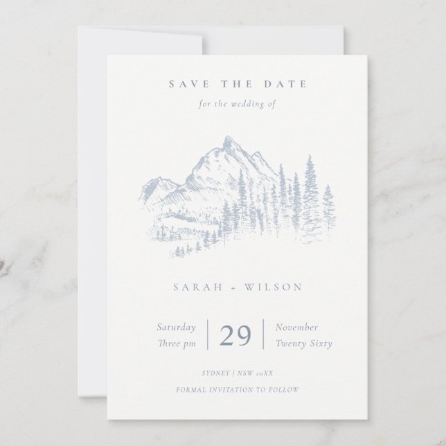Dusky Blue Gray Kraft Rustikale Pine Mountain Sket Save The Date (Vorderseite)