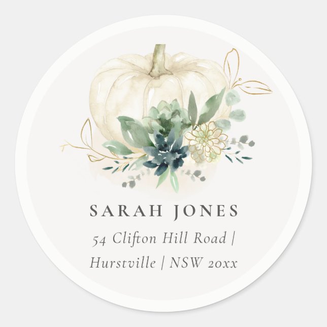Dusky Blue Green Gold Succulent Pumpkin-Adresse Runder Aufkleber (Vorderseite)