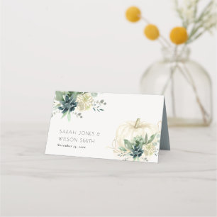 Dusky Blue Green Gold Succulent Pumpkin Wedding Platzkarte
