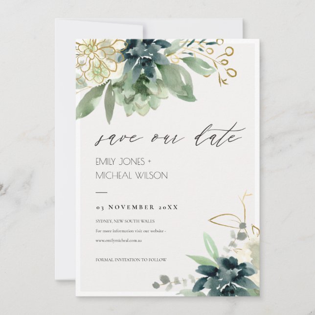 Dusky Blue Green Succulent Save the Date einladen Dankeskarte (Vorderseite)
