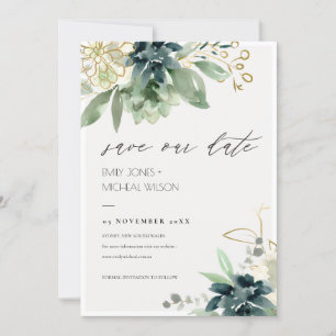 Dusky Blue Green Succulent Save the Date einladen Dankeskarte