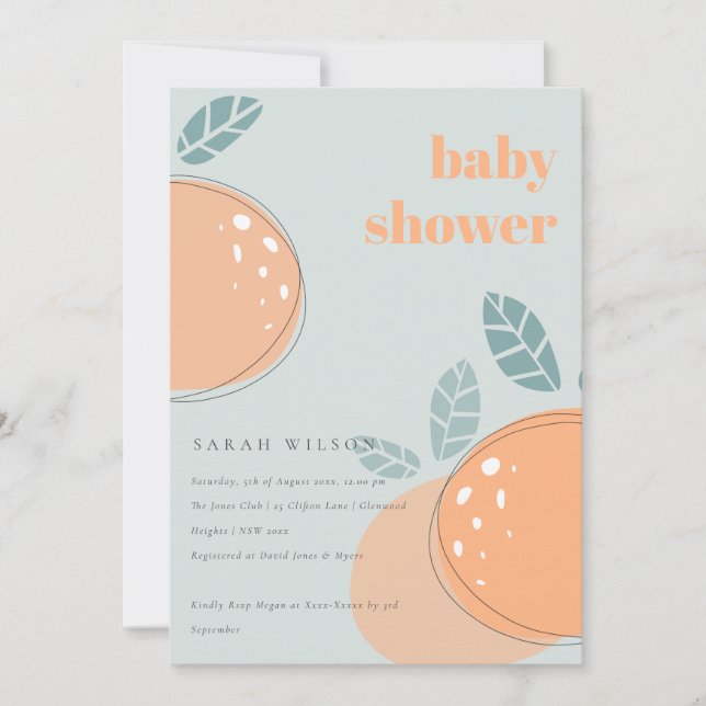 Dusky Blue Orange Fruity Bold Baby Dusche Einladung (Vorderseite)