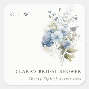 Dusky Blue Watercolor Cottage Floral Brautparty Quadratischer Aufkleber