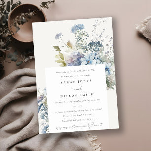 Dusky Blue Watercolor Hütte Blumenbeete Morgens Einladung