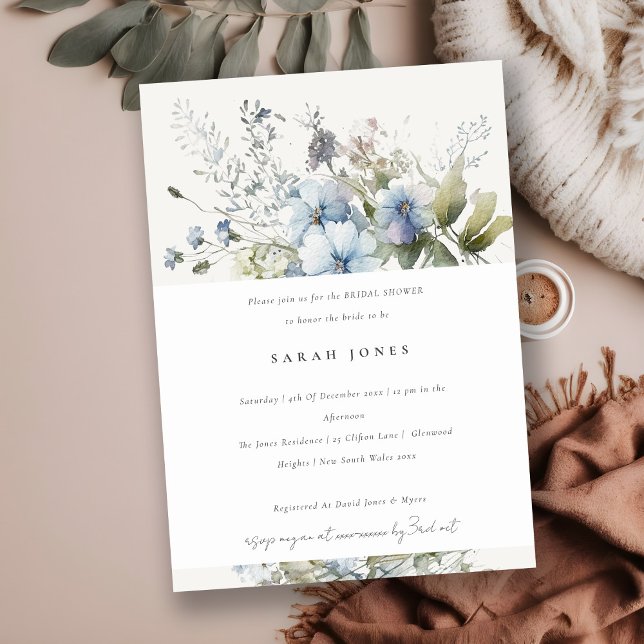 Dusky Blue Watercolor Hütte Flora Brautparty Einladung (Von Creator hochgeladen)