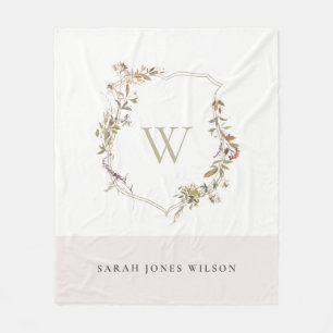 Dusky Blush Pink Wildblume Wappen Monogram Fleecedecke