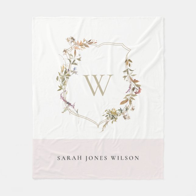 Dusky Blush Pink Wildblume Wappen Monogram Fleecedecke (Vorderseite)