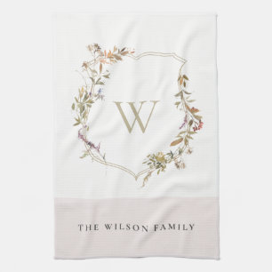 Dusky Blush Pink Wildblume Wappen Monogram Geschirrtuch