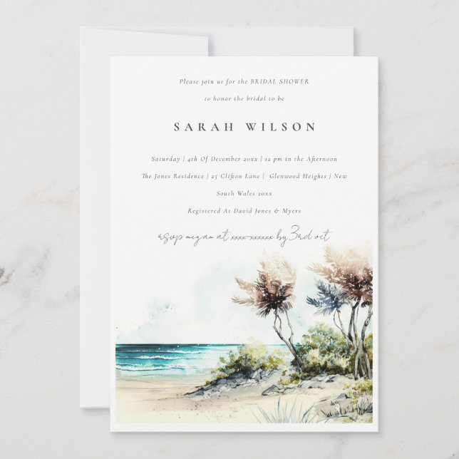 Dusky Coastal Palm Beach Seascape Brautparty Einladung (Vorderseite)