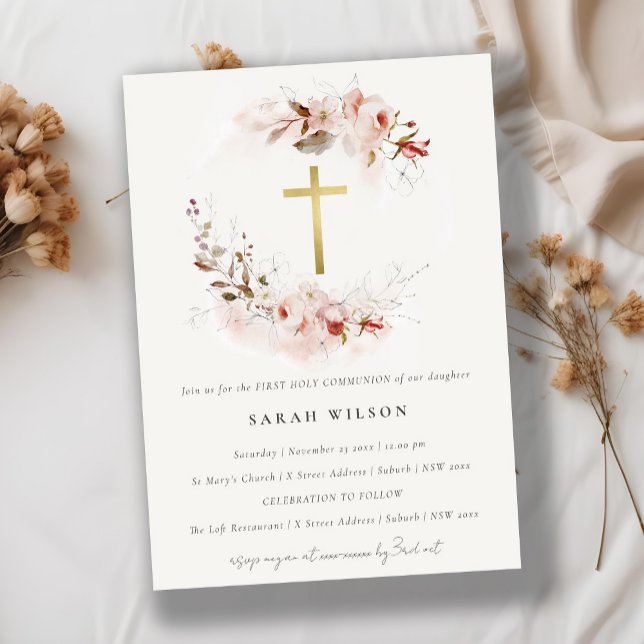 Dusky Fall Marsala Floral Erste Heilige Kommune Einladung (Von Creator hochgeladen)
