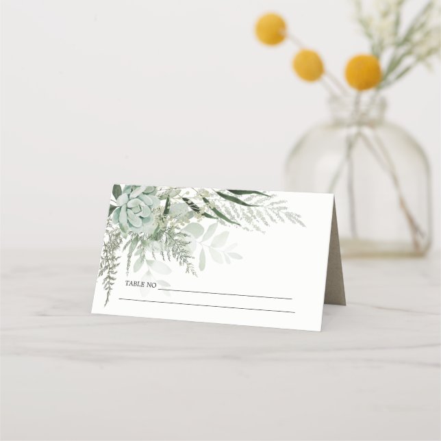 Dusky Green Leafy Fern Succulent Foliage Wedding Platzkarte (Rückseite)