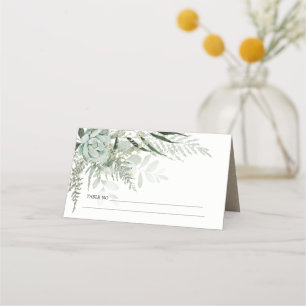 Dusky Green Leafy Fern Succulent Foliage Wedding Platzkarte