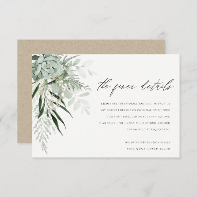 Dusky Green Leafy Fern Succulent Wedding Details Begleitkarte (Vorne/Hinten)