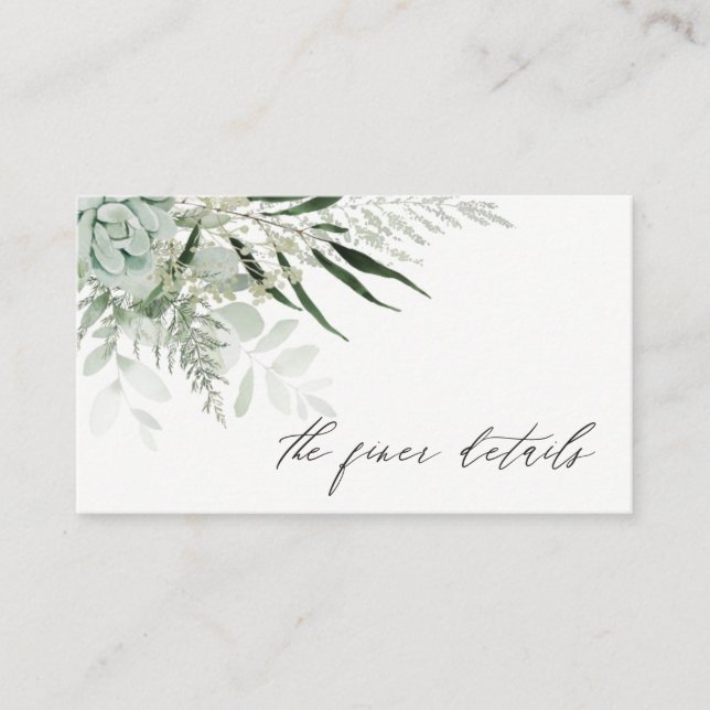Dusky Green Leafy Fern Succulent Wedding Details Visitenkarte (Vorderseite)