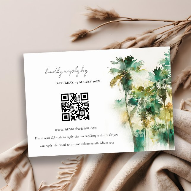 Dusky Green Tropical Palm Trees Wedding QR Code Begleitkarte (Von Creator hochgeladen)