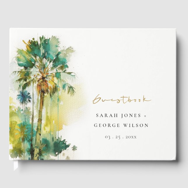 Dusky Green Tropical Watercolor Palmen Hochzeit Gästebuch (Vorderseite)