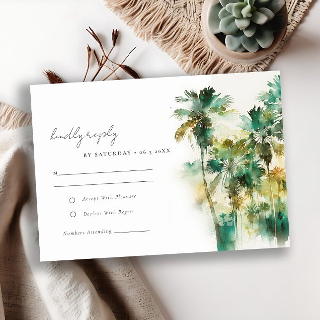 Dusky Green Yellow Tropical Palm Trees Wedding RSVP Karte (Von Creator hochgeladen)