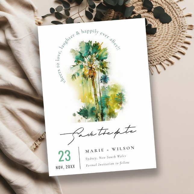 Dusky Green Yellow Tropical Watercolor Palmen Save The Date (Von Creator hochgeladen)