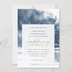 DUSKY INK BLUE FOREST LAKE PINE WEDING INVITE DANKESKARTE