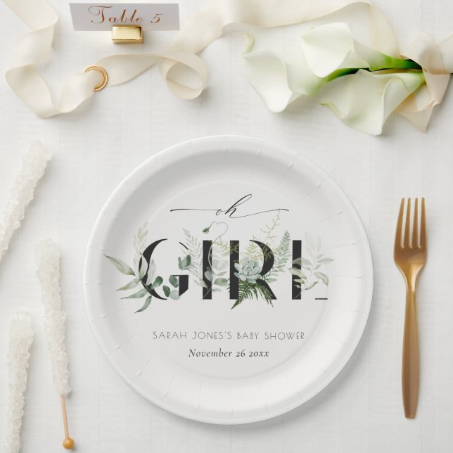 Dusky Leafy Fern Succulent Oh Girl Baby Dusche Pappteller (Hochzeit)