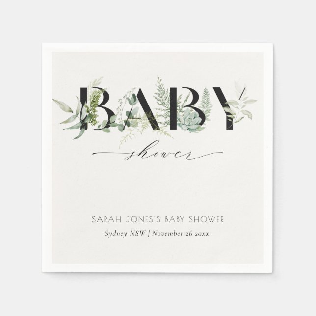 Dusky Leafy Fern Succulent Script Baby Dusche Serviette (Vorderseite)