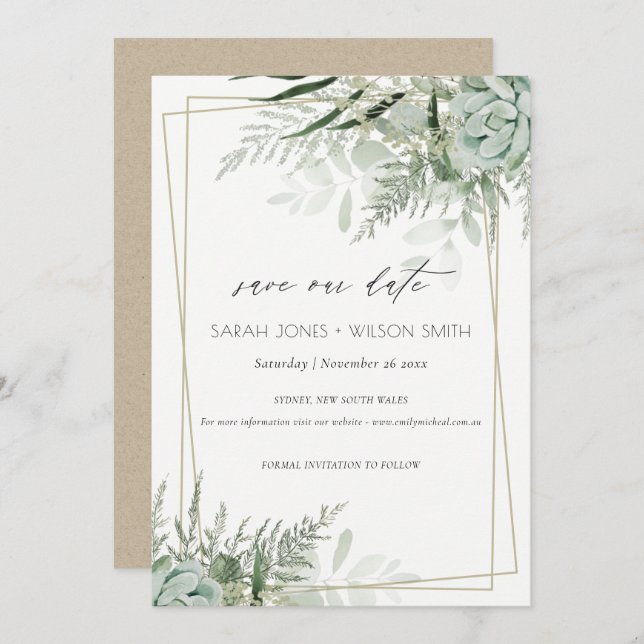 Dusky Leafy Fern Succulous Save the Date Card Dankeskarte (Vorne/Hinten)