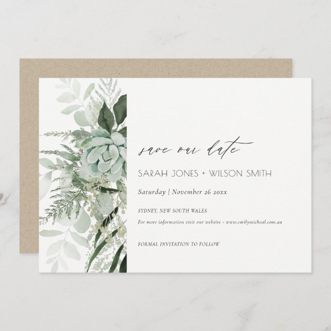 Dusky Leafy Fern Succulous Save the Date Card Dankeskarte (Vorne/Hinten)