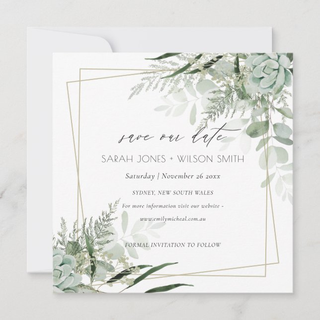 Dusky Leafy Fern Succulous Save the Date Card Dankeskarte (Vorderseite)
