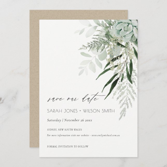 Dusky Leafy Fern Succulous Save the Date Card Dankeskarte (Vorne/Hinten)
