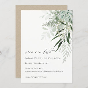 Dusky Leafy Fern Succulous Save the Date Card Dankeskarte