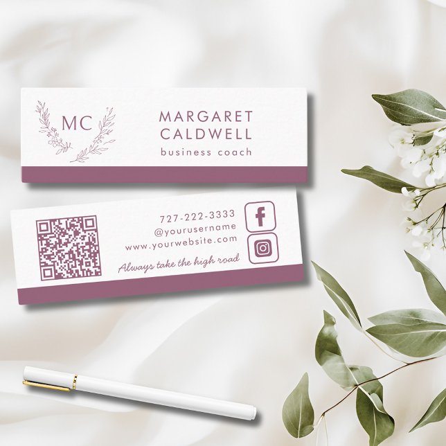 Dusky Lila Monogram Wreath Mini Visitenkarte (Dusky Purple Monogram Wreath Social Media Mini Business Card)