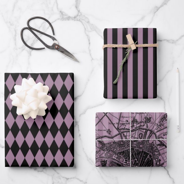 Dusky Lila und Black Paris thematisch Geschenkpapier Set (Vorderseite)