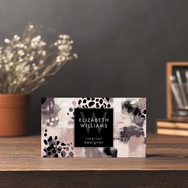 Dusky Pink Black Abstract Monogram Business Cards (Von Creator hochgeladen)