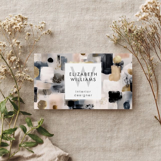 Dusky Pink Black Gold Monogram Business Cards (Von Creator hochgeladen)