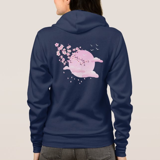 Dusky Pink Cherry Blüten Weißer Mond Hoodie (Rückseite)