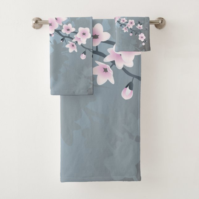 Dusky Pink Dusty Blue Cherry Blossom Blümchen Badhandtuch Set (Insitu)