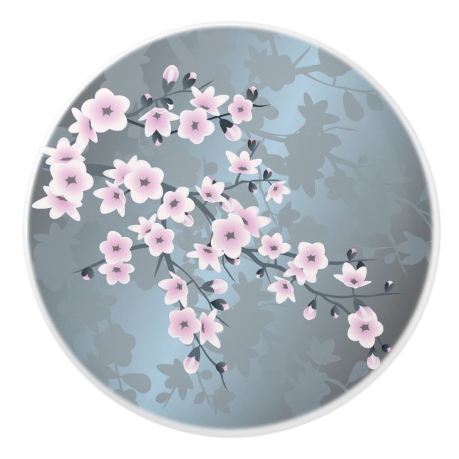 Dusky Pink Grayish Blue Cherry Blossom Floral Keramikknauf (Vorderseite)