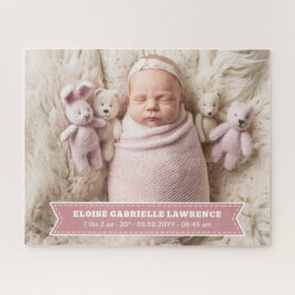 Dusky Pink Newborn Baby Girl Birth Stats Photo Puzzle